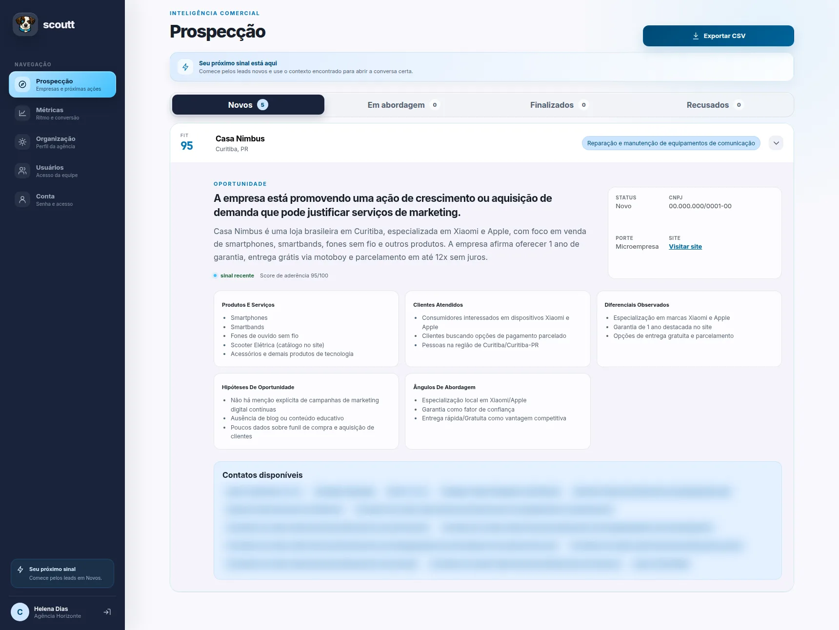 Perfil da Casa Nimbus no SCOUTT, com a oportunidade, o porte e os fatos da empresa.