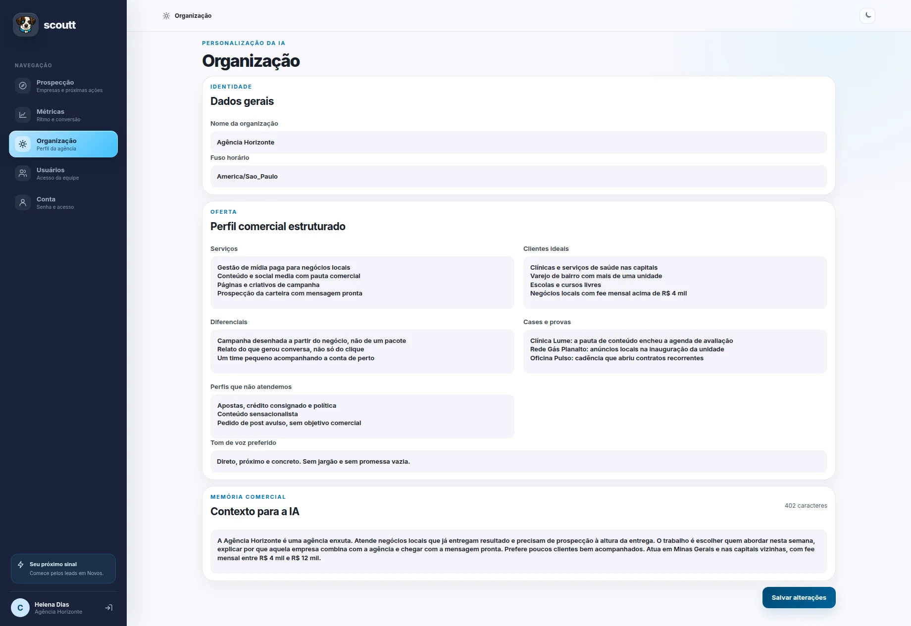 Perfil comercial da Agência Horizonte no SCOUTT, com serviços, clientes ideais e o tom de voz da agência.